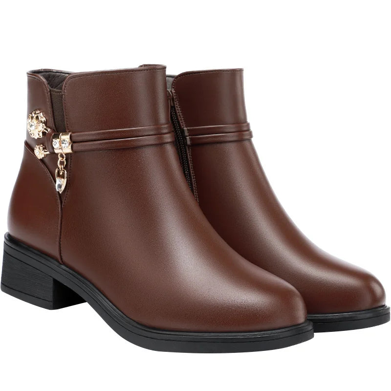 Rhinestone Leather Winter Boots Women