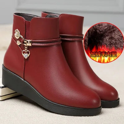 Rhinestone Leather Winter Boots Women