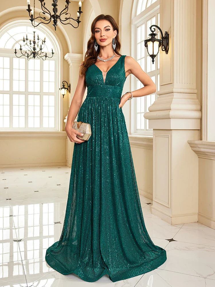 Sequin V Neck Evening Maxi Dress