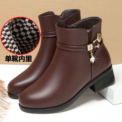 Rhinestone Leather Winter Boots Women