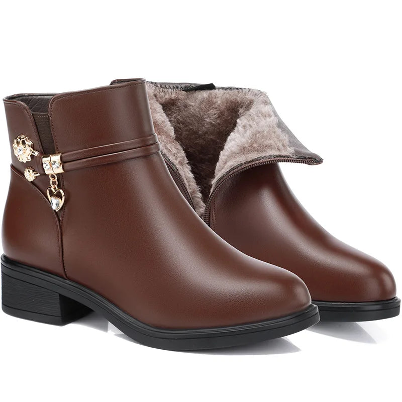 Rhinestone Leather Winter Boots Women