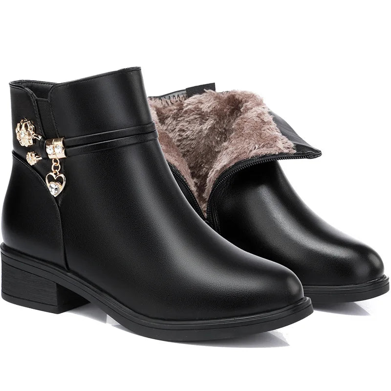 Rhinestone Leather Winter Boots Women