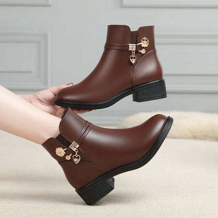Rhinestone Leather Winter Boots Women