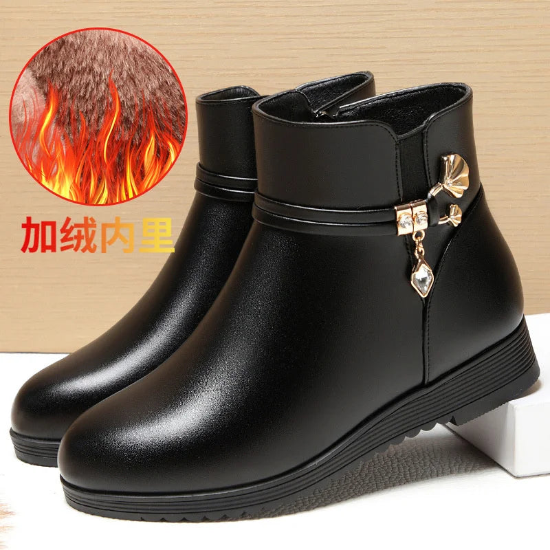 Rhinestone Leather Winter Boots Women