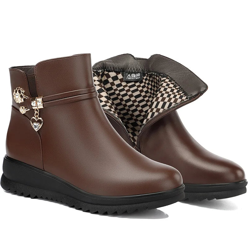 Rhinestone Leather Winter Boots Women