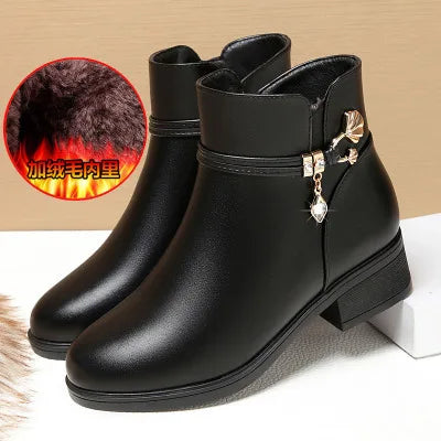 Rhinestone Leather Winter Boots Women