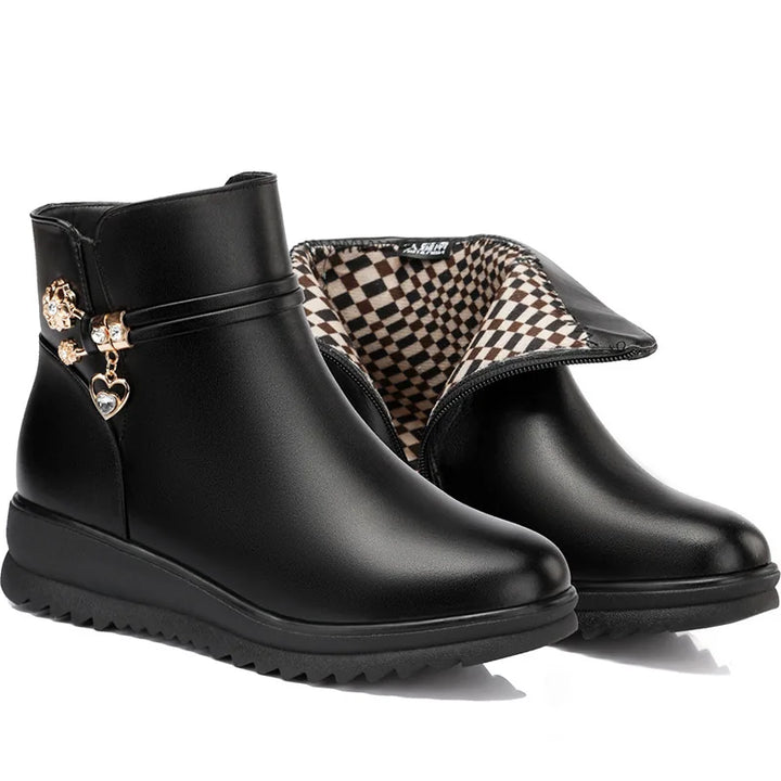 Rhinestone Leather Winter Boots Women