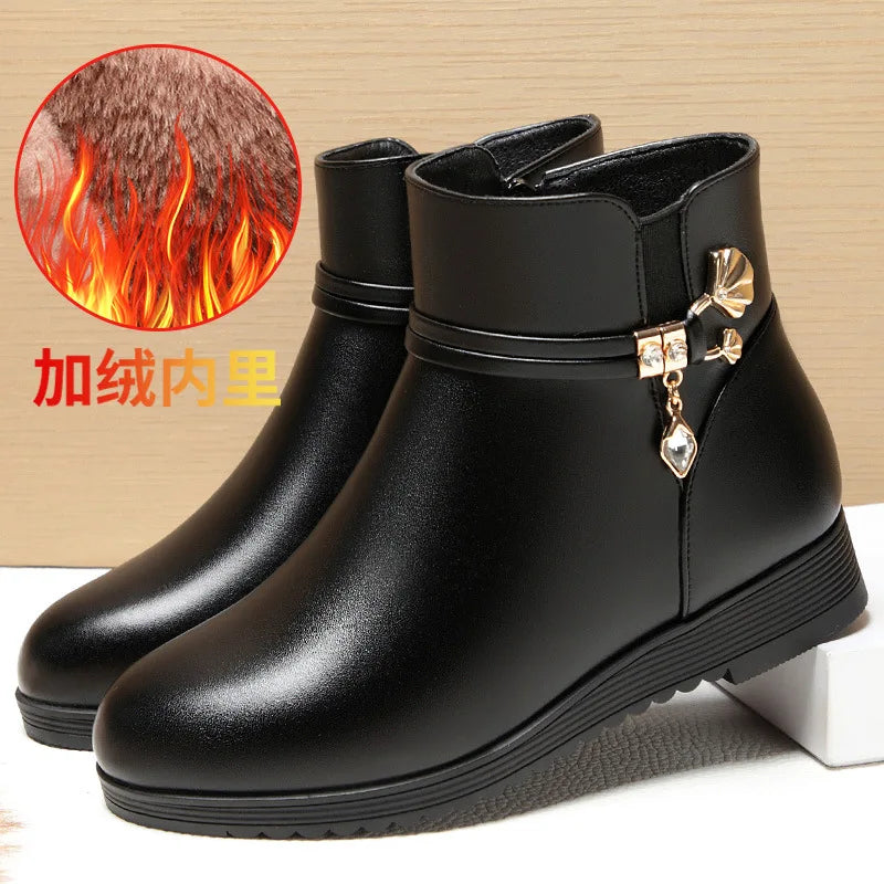 Rhinestone Leather Winter Boots Women