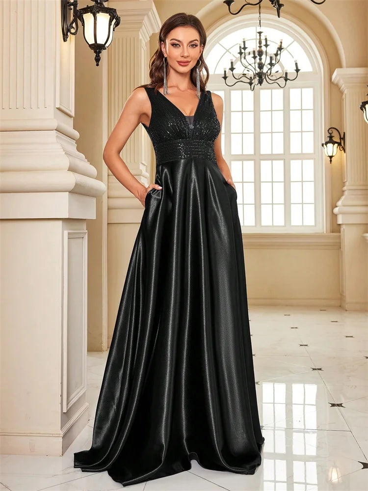 Satin Deep V Prom Dress