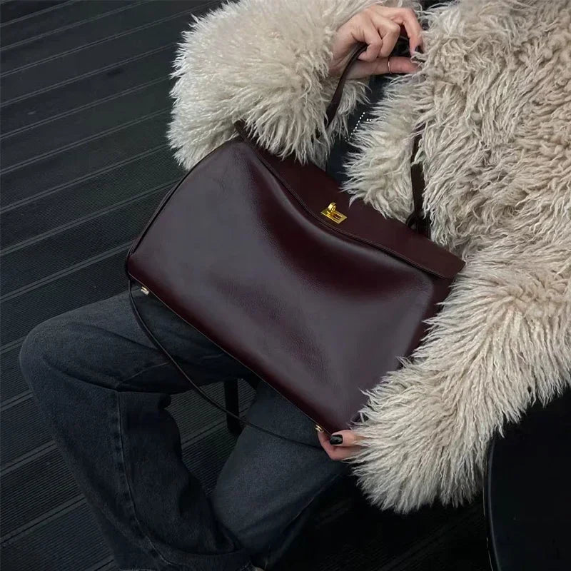 Leather Lock Design Shoulder Bag