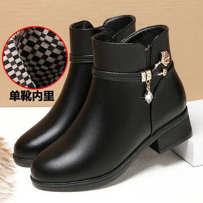 Rhinestone Leather Winter Boots Women