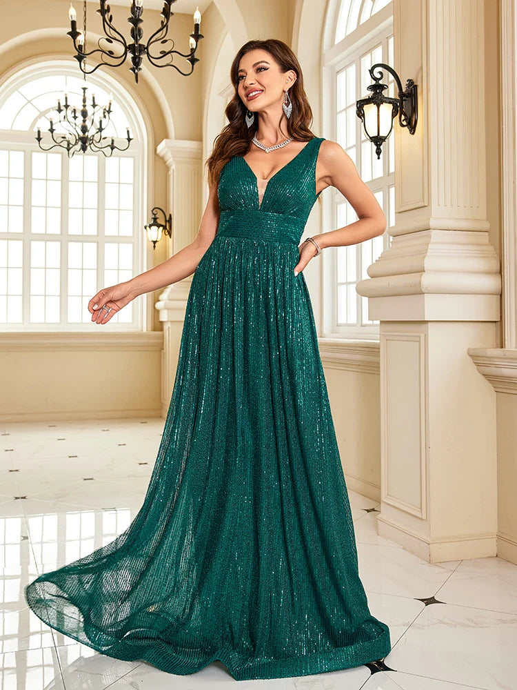 Sequin V Neck Evening Maxi Dress