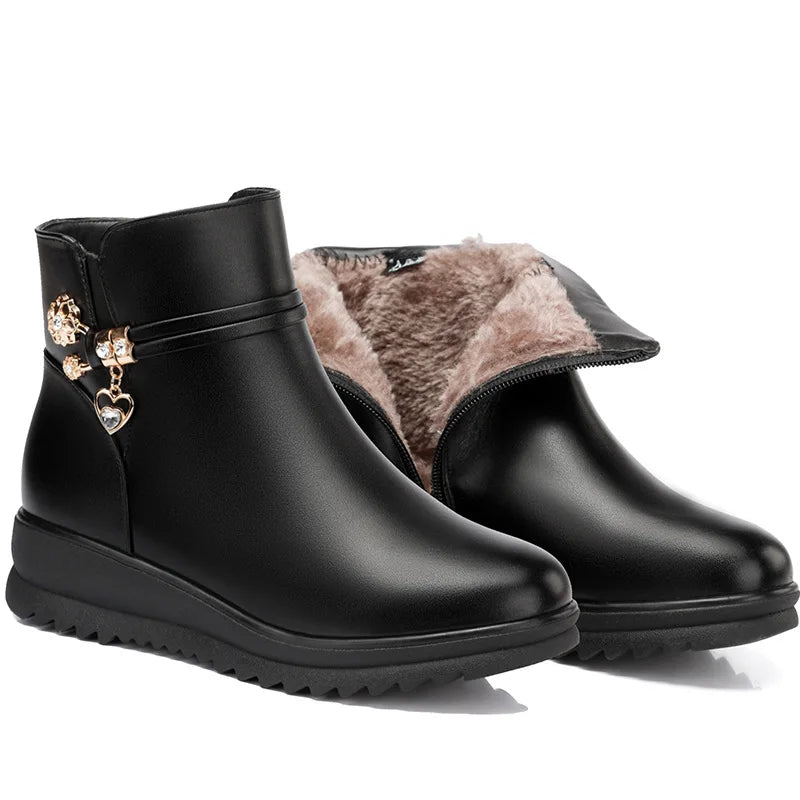 Rhinestone Leather Winter Boots Women