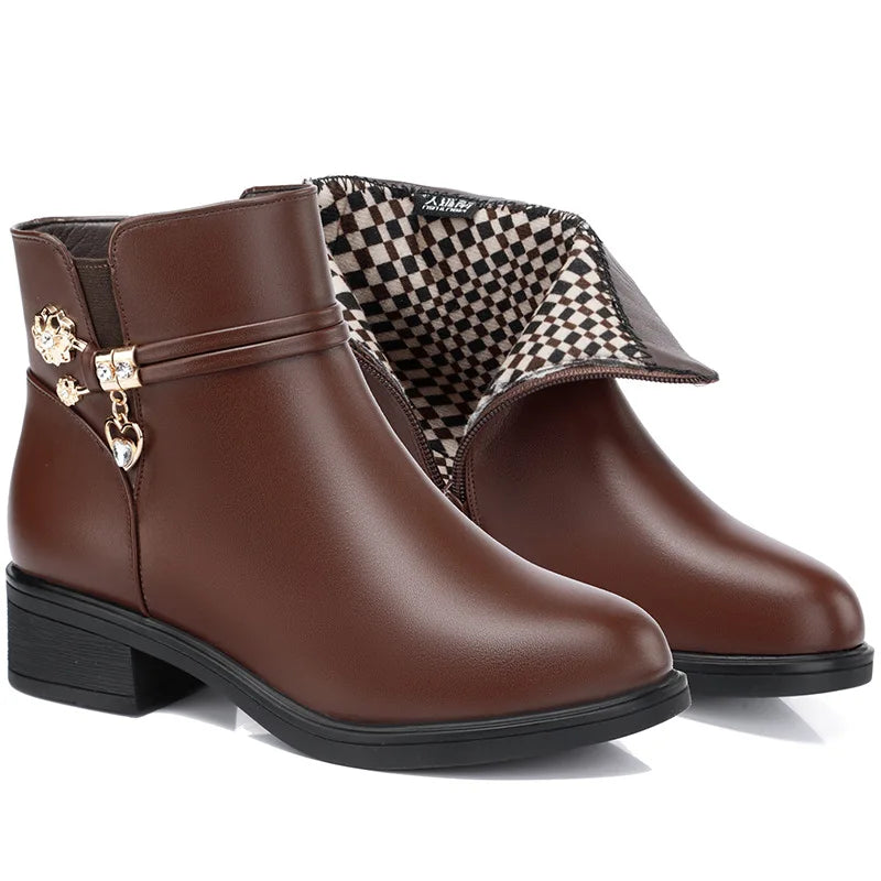 Rhinestone Leather Winter Boots Women