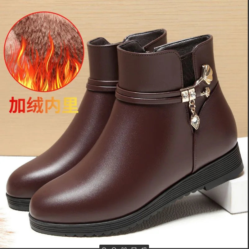 Rhinestone Leather Winter Boots Women