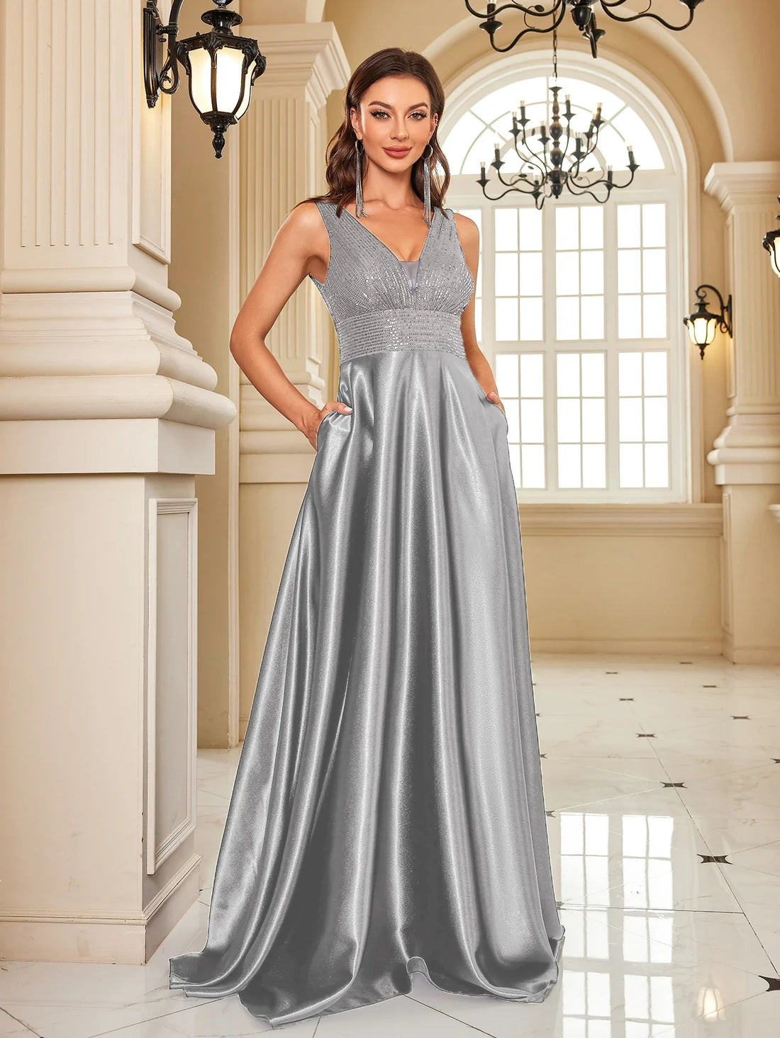 Satin Deep V Prom Dress
