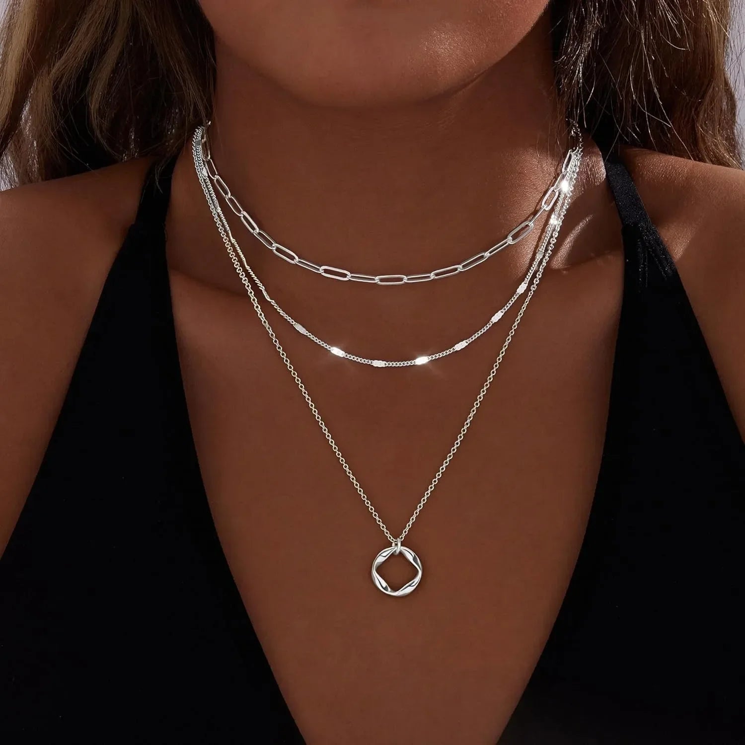 Layered Chain Pendant Necklace Set