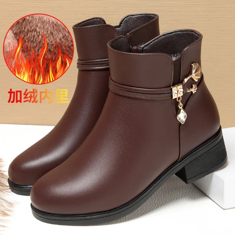 Rhinestone Leather Winter Boots Women
