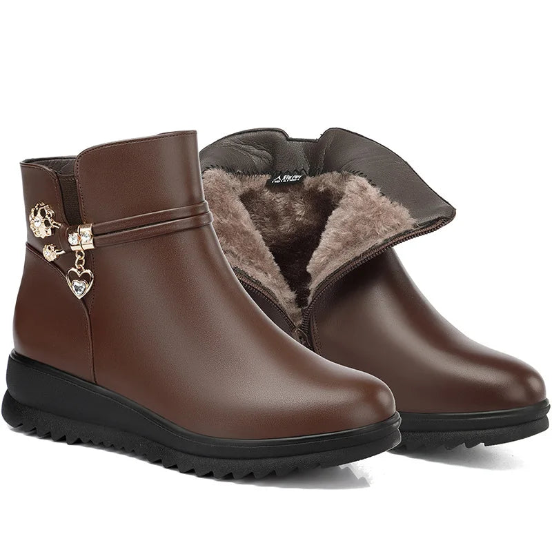 Rhinestone Leather Winter Boots Women