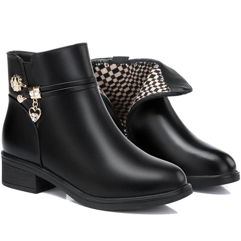 Rhinestone Leather Winter Boots Women