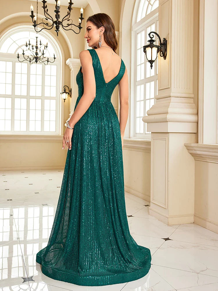 Sequin V Neck Evening Maxi Dress