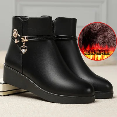 Rhinestone Leather Winter Boots Women