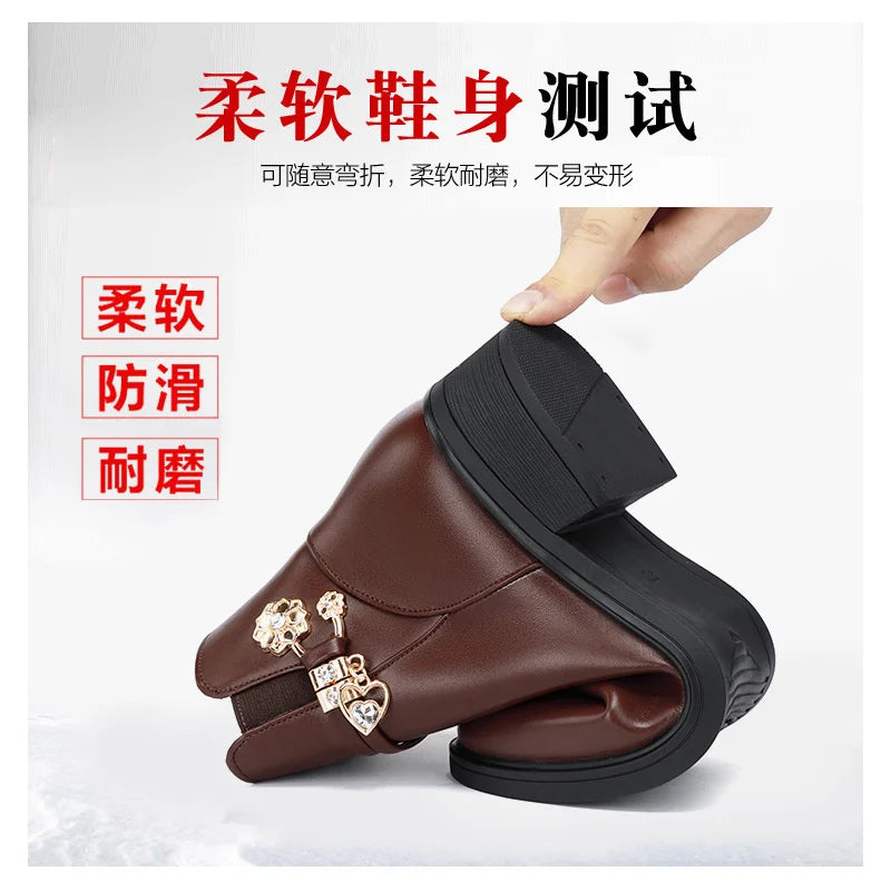 Rhinestone Leather Winter Boots Women